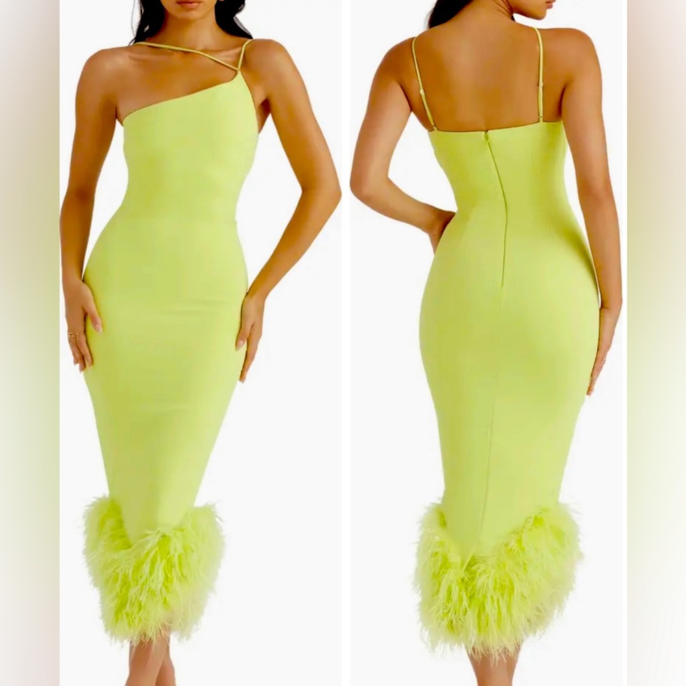 Alessia Asymmetric Feather Trim Midi Dress Size US M HOUSE OF CB
